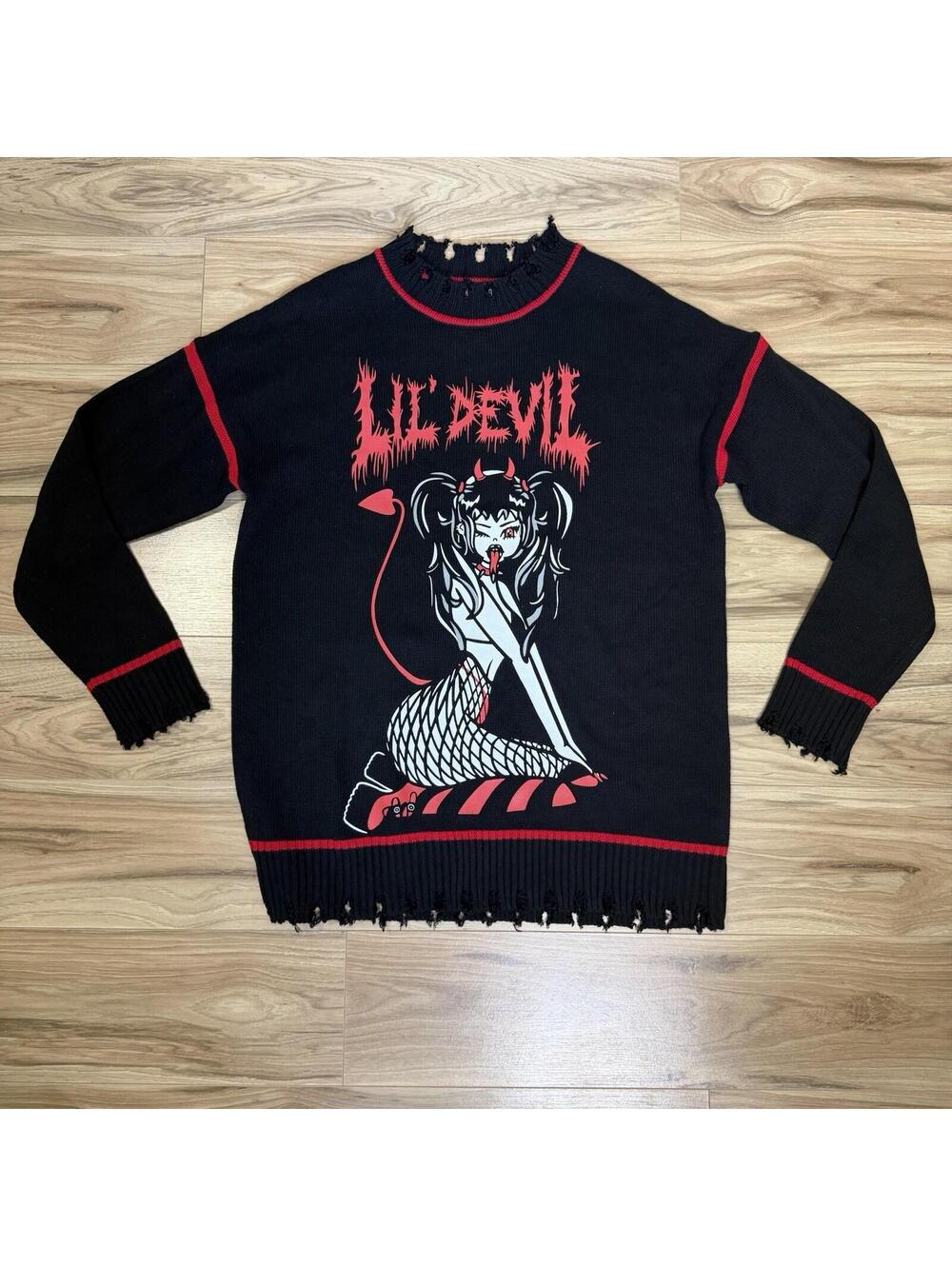 Dolls Kill Current Mood Lil Devil Distressed Knit Sweater Dress Goth Alt S